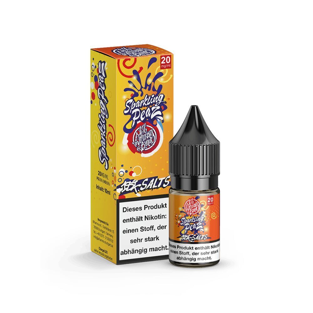 187 Strassenbande Liquid - Sparkling Peaz 20mg E-Liquid-Flasche und Verpackung „Sparkling Peaz“ 20mg, gelb-orange mit Spritzdesign, Warnhinweis auf hohem Nikotingehalt.