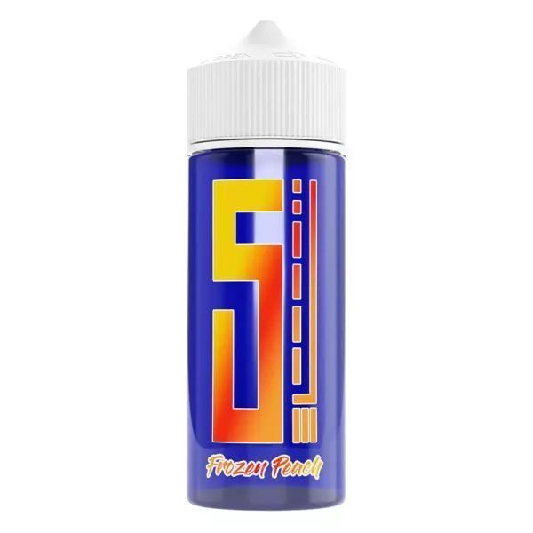 Aroma Frozen Peach von 5 Elements Flasche mit weißem Deckel, blauem Etikett und gelbem Logo, beschriftet mit "5 Elements Aroma - Frozen Peach" in farbigem Schriftzug.