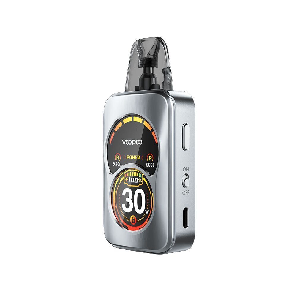 Voopoo Argus A Pod Kit Voopoo Argus A Pod Kit mit Bildschirmanzeige zeigt Leistung von 30W, Widerstandswerte und Batteriestand an, silbernes Gehäuse mit Ein-/Ausschalter.