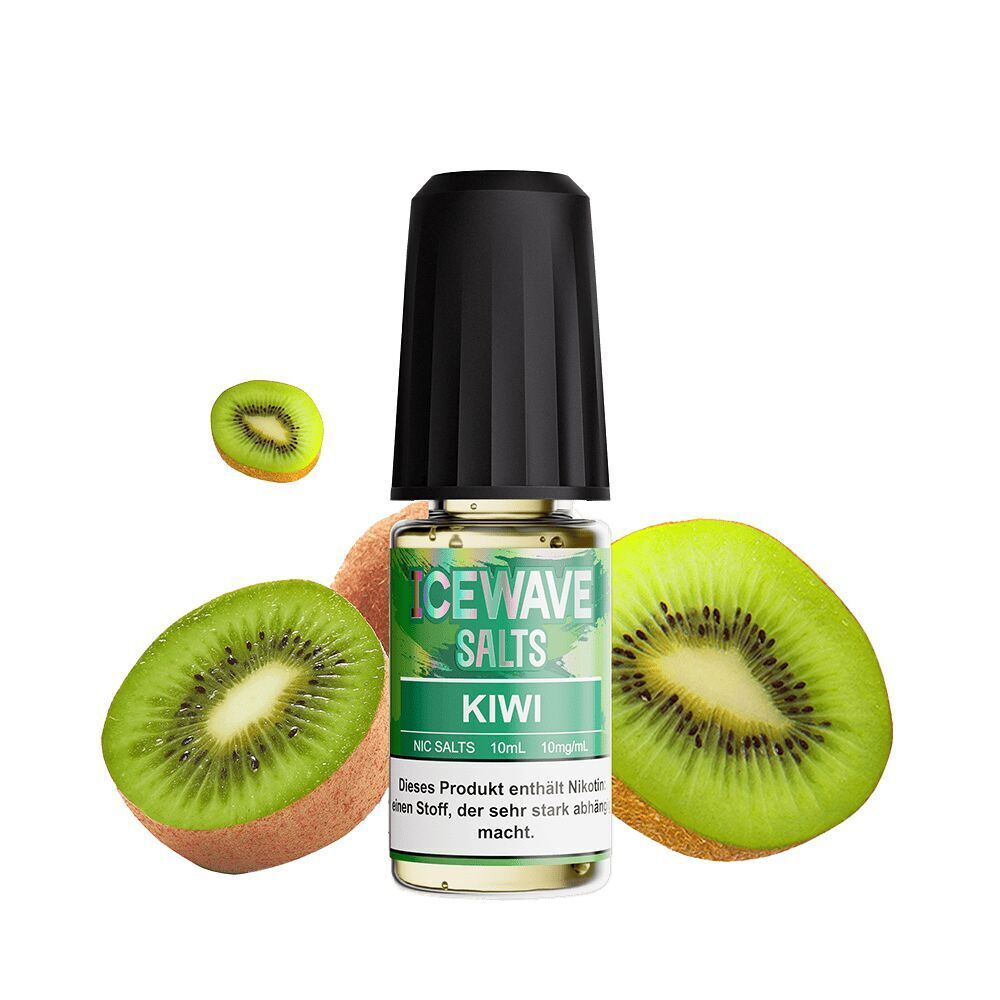 Icewave Nikotinsalz - Kiwi 10mg Icewave Salts Kiwi Nikotinsalzflasche mit schwarzem Deckel, umgeben von geschnittenen und einer ganzen Kiwi, enthält 10 mg/ml Nikotin.