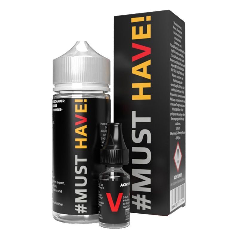 Aroma V von Must Have von 10ml Aroma Zwei schwarze Flaschen mit der Aufschrift #MUST HAVE!, Produktname "V", und eine zugehörige Verpackung mit Warnhinweis-Symbol.