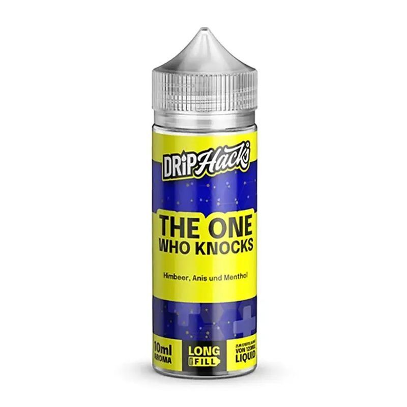 Aroma The One Who Knocks von Drip Hacks Drip Hacks Aroma Flasche "The One Who Knocks" mit gelbem und blauem Etikett, Geschmacksrichtungen Himbeere, Anis und Menthol.