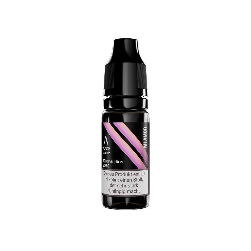 Liquid Mi Amor 10mg - Adalya Nikotinsalz Flasche mit schwarzem Deckel und Etikett des Adalya Nikotinsalz Mi Amor E-Liquids, 10 ml, enthält Nikotin, Warnhinweis auf der Vorderseite.