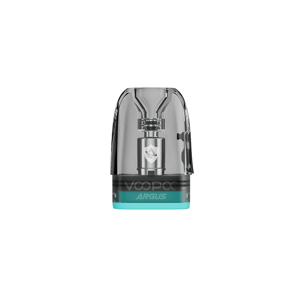 Voopoo Argus V2 Pods mit Coil Voopoo Argus V2 Pod mit Coil, durchsichtiges Design, sichtbare Metallkomponenten, schwarzer Sockel mit türkisem Rand, Branding-Text.