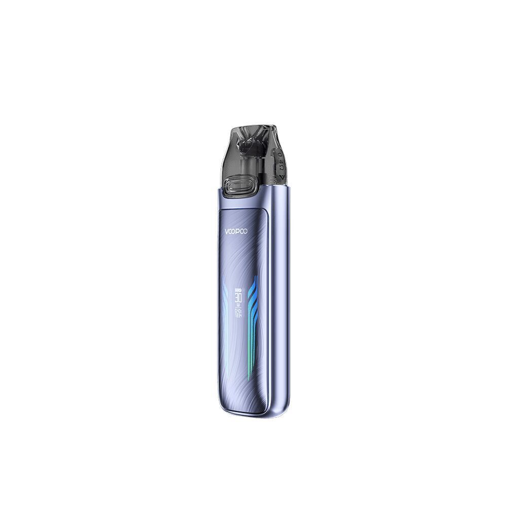 Voopoo VMATE Max Pod Kit in der Farbe Fancy Purple Voopoo VMATE Max Pod Kit in Fancy Purple mit glänzendem Gehäuse und geschwungenen Linien, schwarzes Mundstück als oberer Abschluss
