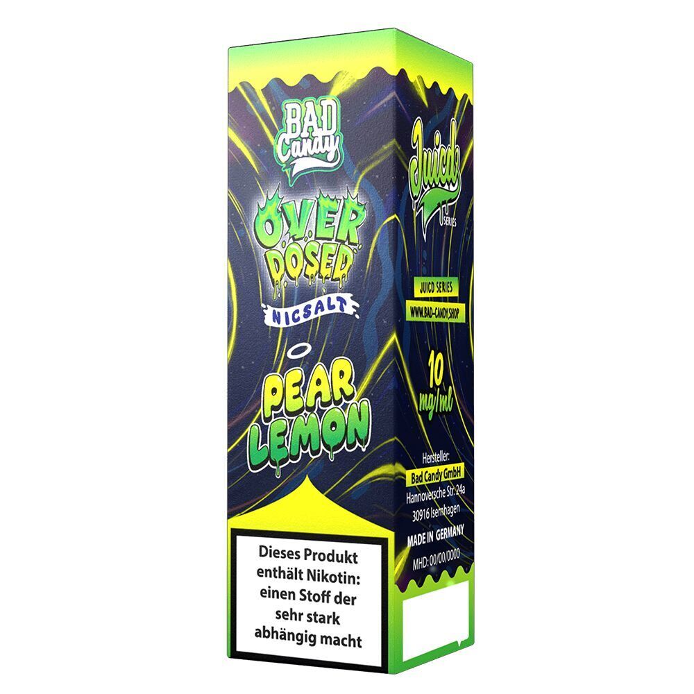 Liquid Pear Lemon 20mg - Bad Candy Overdosed Produktverpackung von Bad Candy Overdosed Nicsalt Pear Lemon, 10 mg/ml, mit leuchtend grünem und blauem Design, enthält Nikotin-Warnung.