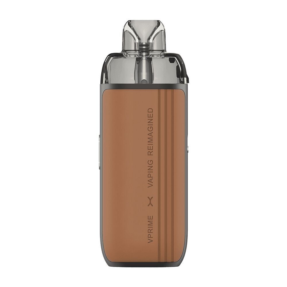 Oxva Vprime Pod Kit in braunem Leder mit Beschriftung Vaping Reimagined, silbernem Gehäuse und transparentem Mundstück.
