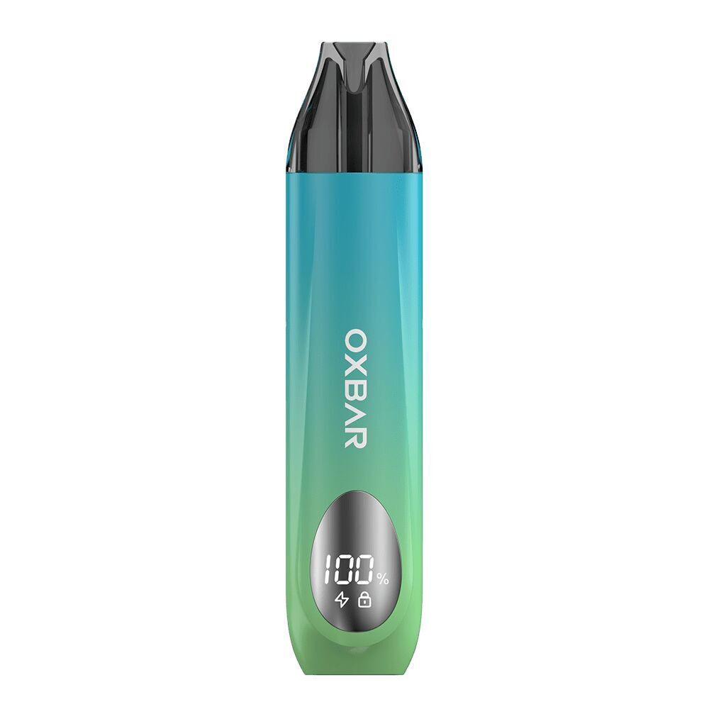 Oxbar Voxin Akku in Blau-Grün mit Displayanzeige von 100% und Beschriftung "OXBAR".