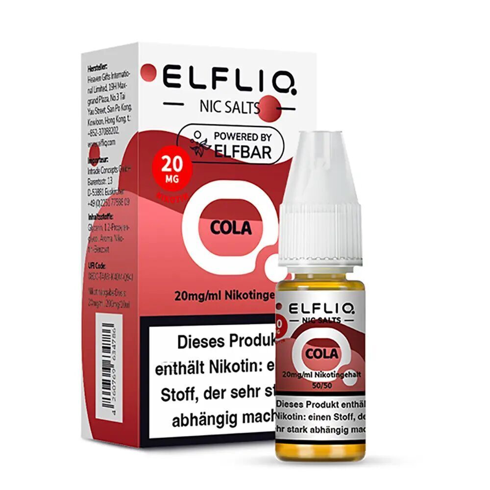 Elfliq Nikotinsalz - Cola 20mg Elfliq Nikotinsalz-Flasche und Verpackung mit Cola-Geschmack, 20mg, sichtbar; Warnhinweise und Branding-Elemente auf beiden.