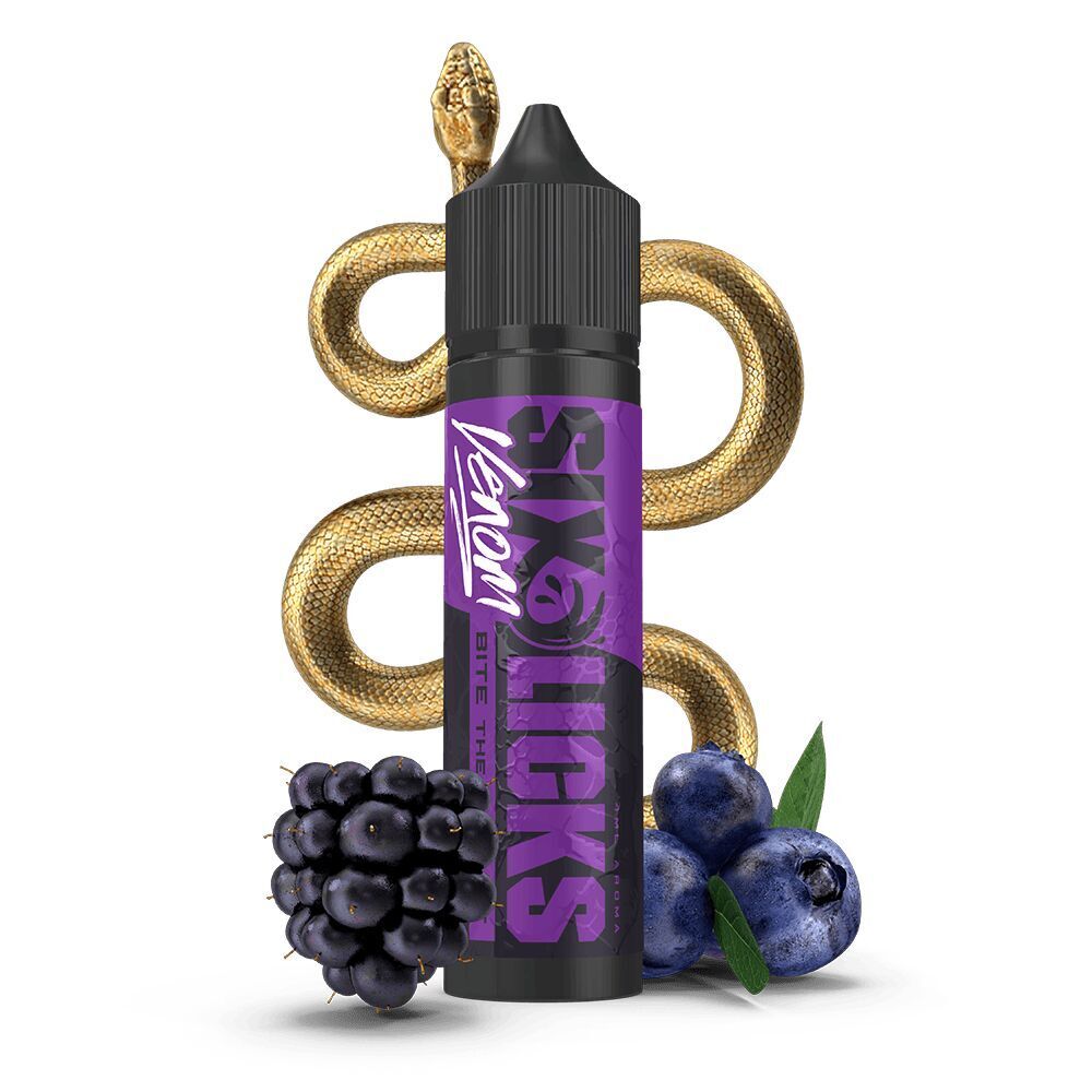 Six Licks Venom Aroma - Bite the Bullet Flasche Six Licks Venom Aroma mit schwarzem und goldenem Design, umgeben von goldener Schlange und Beeren, Beschriftung „Bite the Bullet“ sichtbar