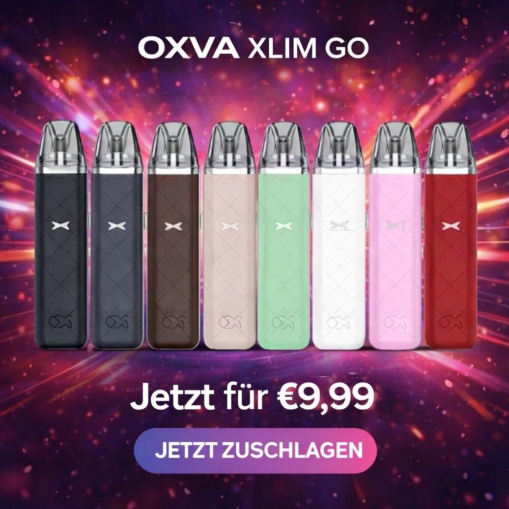 Oxva Xlim Go Pod Kit Eine Reihe von Oxva Xlim Go Pod Kits in verschiedenen Farben vor einem farbenfrohen Hintergrund mit dem Preis von 9,99 €.