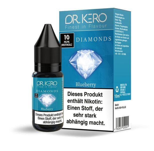 Liquid Blueberry mit 10mg Nikotin von Dr. Kero Diamonds v2 Dr. Kero Diamonds v2 Nikotinsalz Flasche und Verpackung, Blueberry-Geschmack, 10mg/ml, enthält Nikotin, das abhängig macht