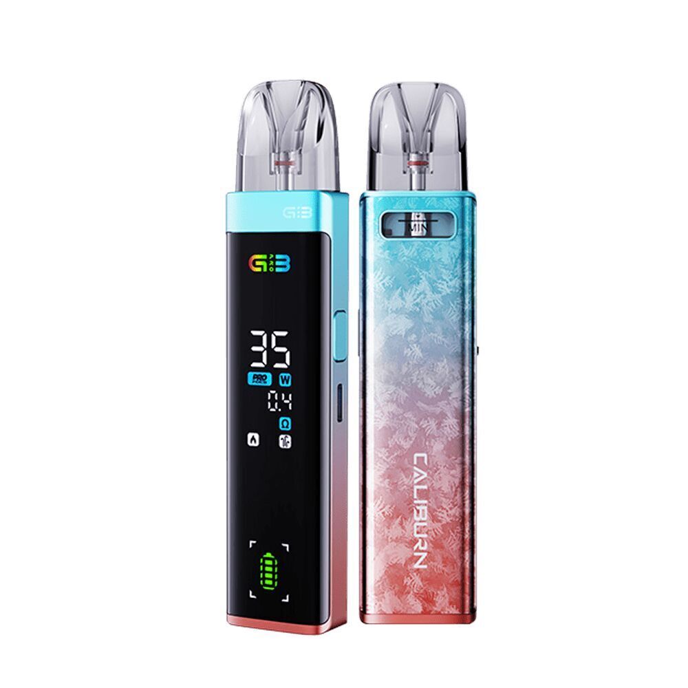 Uwell Caliburn G3 Pro Pod Kit - Frozen Aurora Uwell Caliburn G3 Pro Pod Kit, Modell Frozen Aurora, mit Displayanzeige und Frostmuster, zeigt digitale Wattzahl und Akkustand.