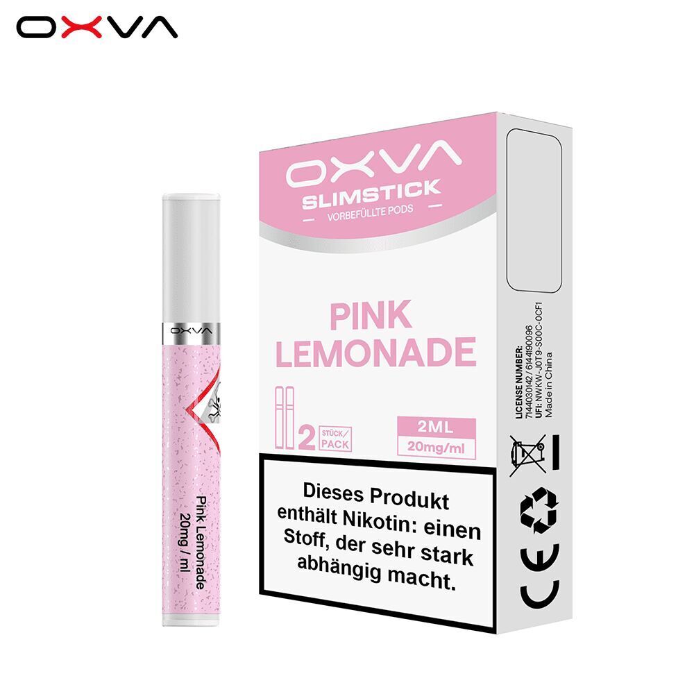 Oxva Slimstick Pods Pink Lemonade - 20mg Nikotinsalz Oxva Slimstick Pods Pink Lemonade 20mg Verpackung und Gerät, Warnhinweis zu Nikotinsucht, 2 Stück Packung, 2ml 20mg/ml.
