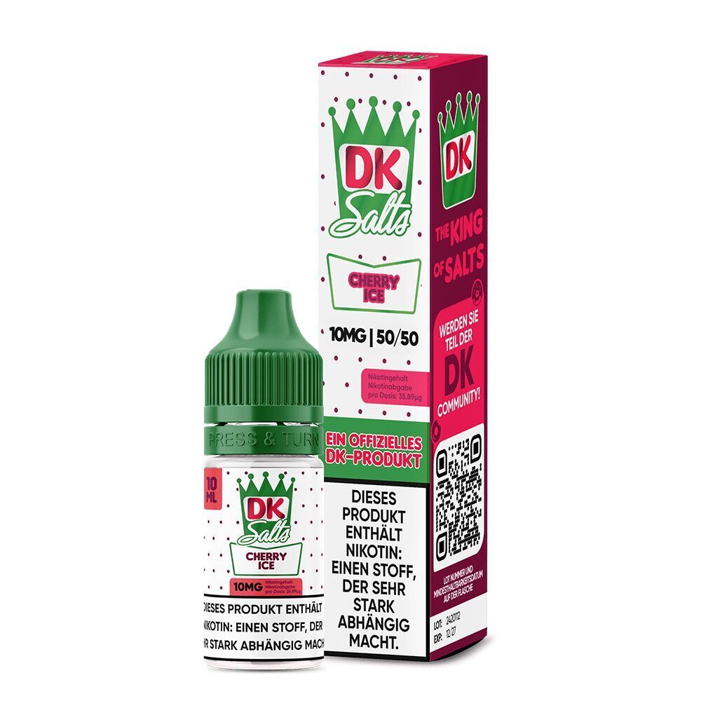 Liquid Cherry Ice 10mg - DK Salts Flasche und Verpackung von DK Salts Nikotinsalz Cherry Ice, 10mg, 10ml, mit grünem Deckel, Informationen über Nikotinhalt.