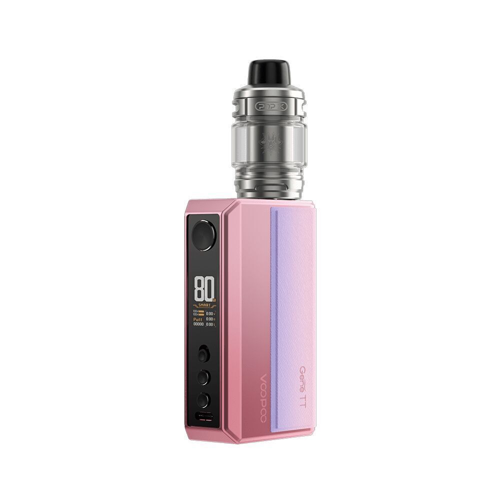 Voopoo Drag 5 Kit in der Farbe Sakura Pink Voopoo Drag 5 Kit in Sakura Pink mit digitalem Display, Einstellknöpfen und silbernem Tankaufsatz