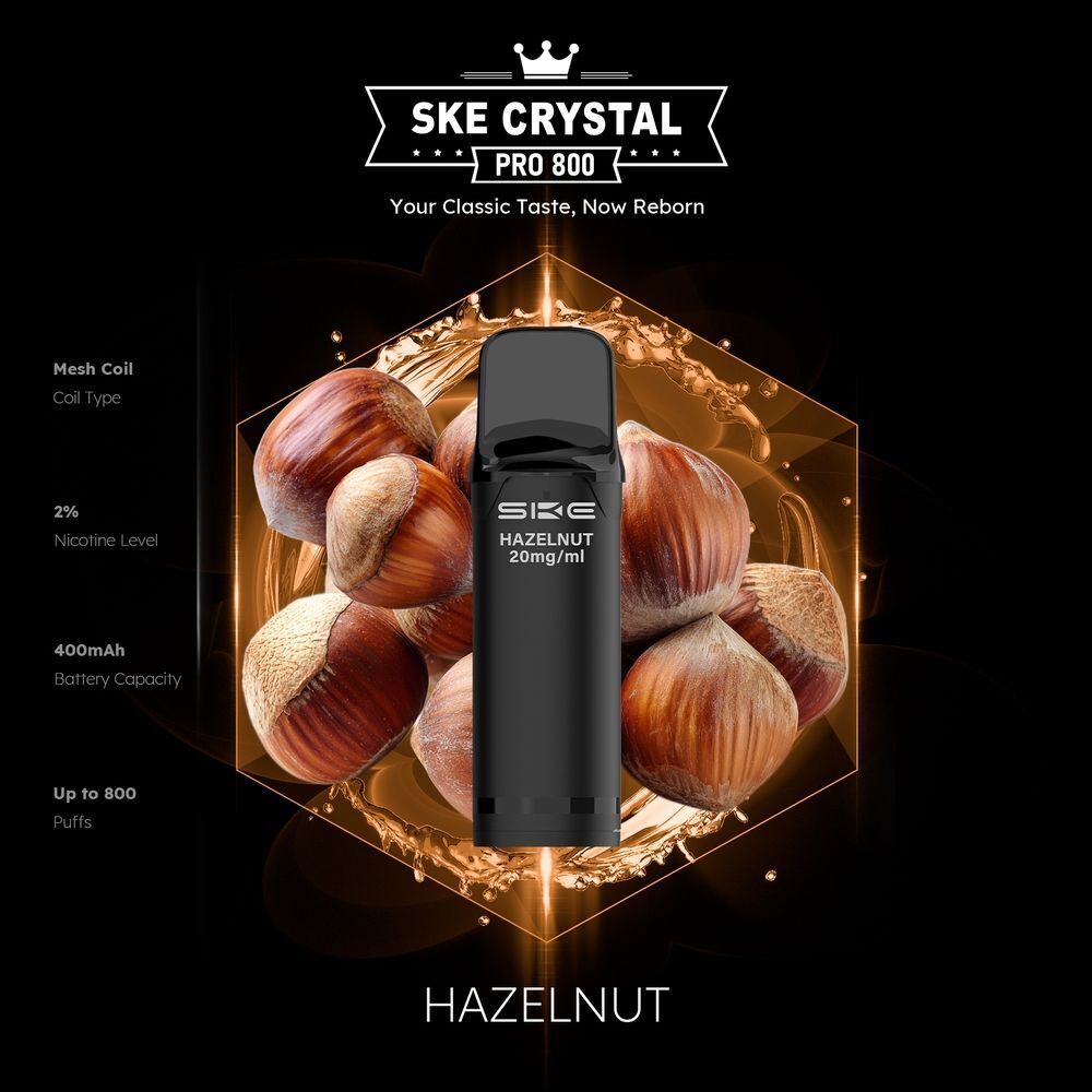 SKE Crystal 800 Pro Pods - Hazelnut SKE Crystal Pro Hazelnut 20mg Pod vor Haselnüssen, schwarzes Design, 2% Nikotin, 400mAh Kapazität, bis zu 800 Züge