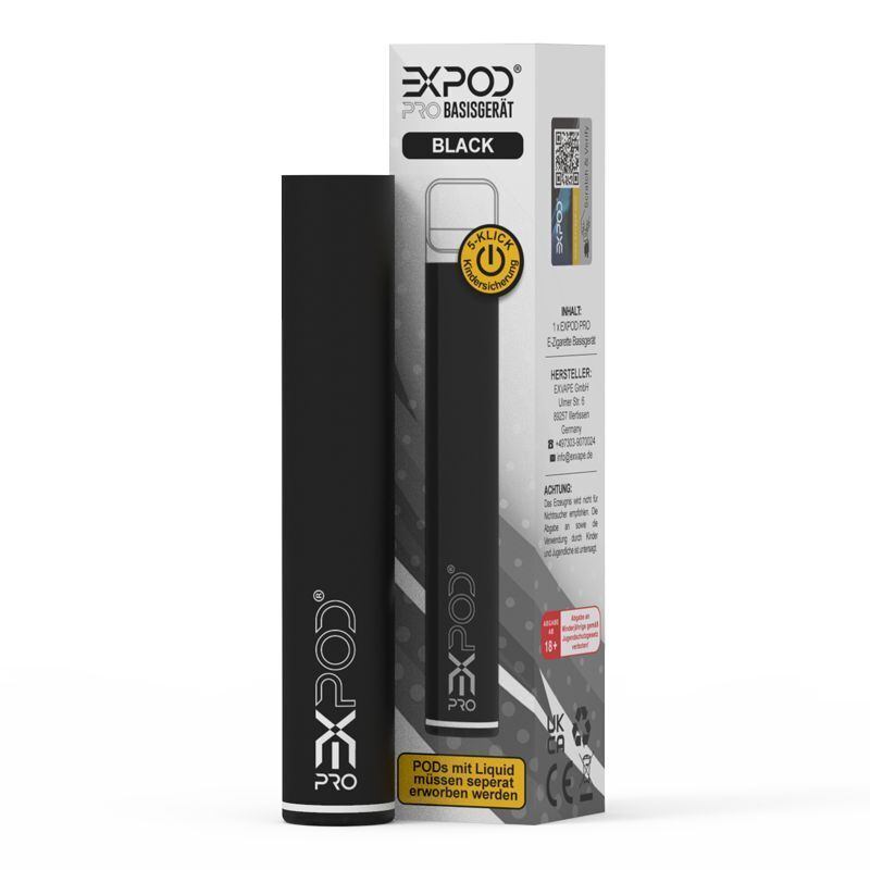 Expod Pro Prefilled Pod Kit in der Farbe Akku Schwarzes Expod Pro Pods Akku Basisgerät und Verpackung mit Branding, Hinweis auf erforderliche separate Pods und Herstellerinformationen.