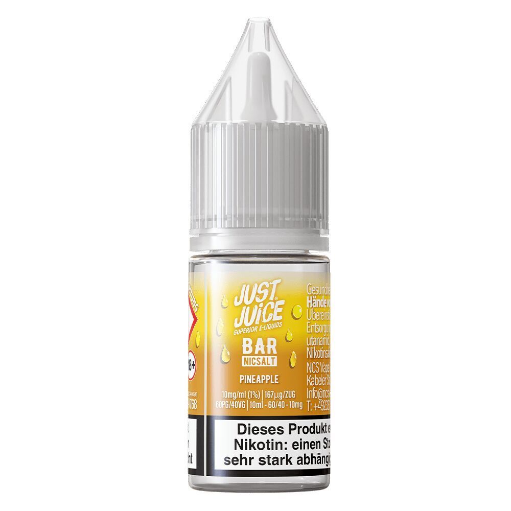 Liquid Pineapple 10mg - Just Juice Just Juice Nikotinsalz Pineapple Flasche mit weißem Verschluss, gelbem Etikett und Textwarnhinweis zu Nikotin auf der Vorderseite