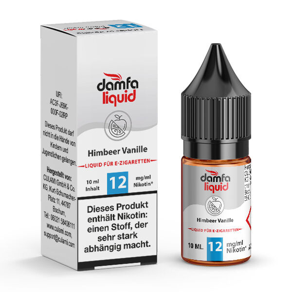 Liquid Himbeer Vanille 12mg - damfaliquid Damfaliquid Liquid mit Himbeer Vanille Geschmack, 12mg Nikotin pro ml, geliefert in einer 10ml Flasche, mit Warnhinweis auf der Verpackung.