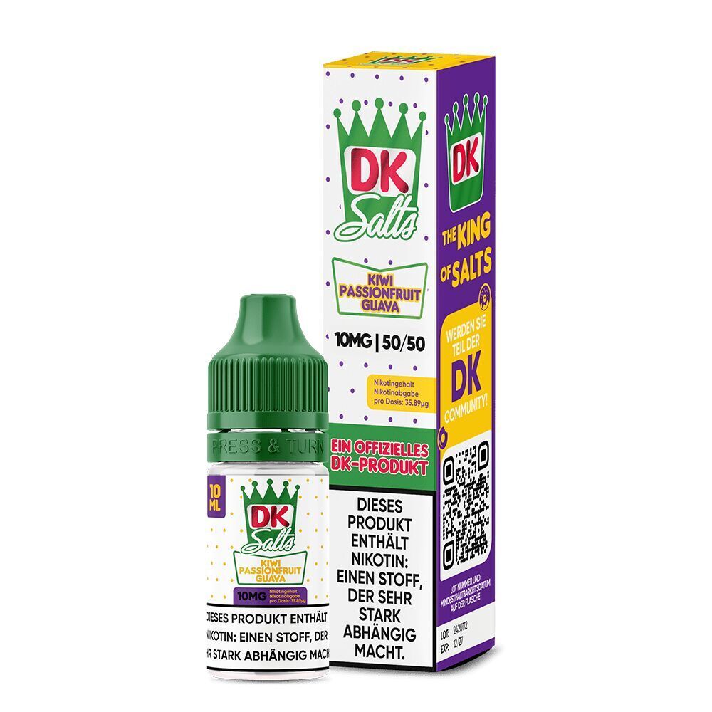 Liquid Kiwi Passionsfruit Guava 10mg - DK Salts DK Salts Nikotinsalz-Flasche Kiwi Passionsfruit Guava 10mg, 10ml Volumen, grüne Kappe, neben bunter Verpackung mit Krone und Textwarnungen
