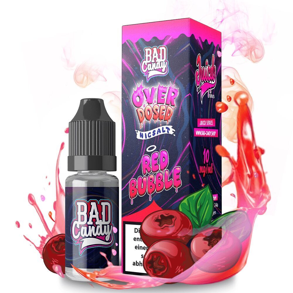 Liquid Red Bubble 20mg - Bad Candy Overdosed Flasche und Verpackung von Bad Candy Overdosed Red Bubble Nikotinsalz 10mg umgeben von roten Früchten und Flüssigkeitsspritzern.