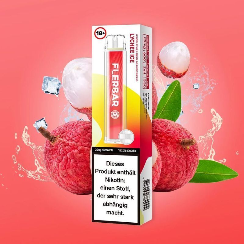Lychee Ice mit 20mg Nikotin Flerbar E-Shisha Flerbar Lychee Ice 20mg Einweg-Vape-Verpackung mit Lychees, Eiswürfeln und Spritzern auf rosa Hintergrund, Warnhinweis auf Nikotin