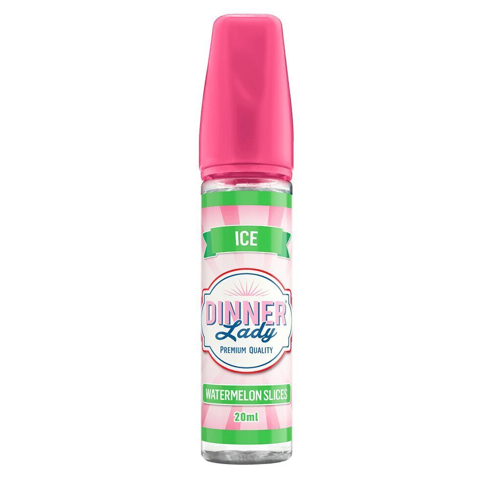 Aroma Watermelon Slices ICE von Dinner Lady Dinner Lady Watermelon Slices ICE Aroma mit pinkem Deckel und grün-weißem Etikett, 20ml Premium Liquid-Flasche
