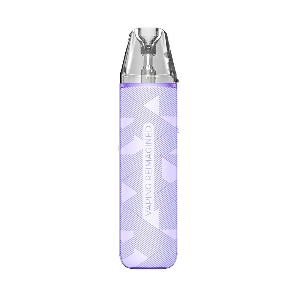 Oxva NeXLIM GO Pod Kit in Silky Purple mit transparentem Mundstück, violettem Gehäuse und subtilen geometrischen Mustern, Text: Vaping Reimagined.
