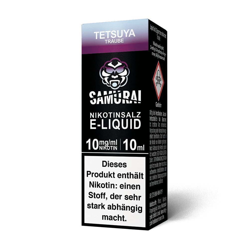 Liquid Tetsuya Traube 10mg - Samurai Verpackung von Samurai Nikotinsalz E-Liquid, Tetsuya Traube, 10mg/ml, 10ml, mit Nikotinwarnung und Samurai-Logo auf schwarzem Hintergrund