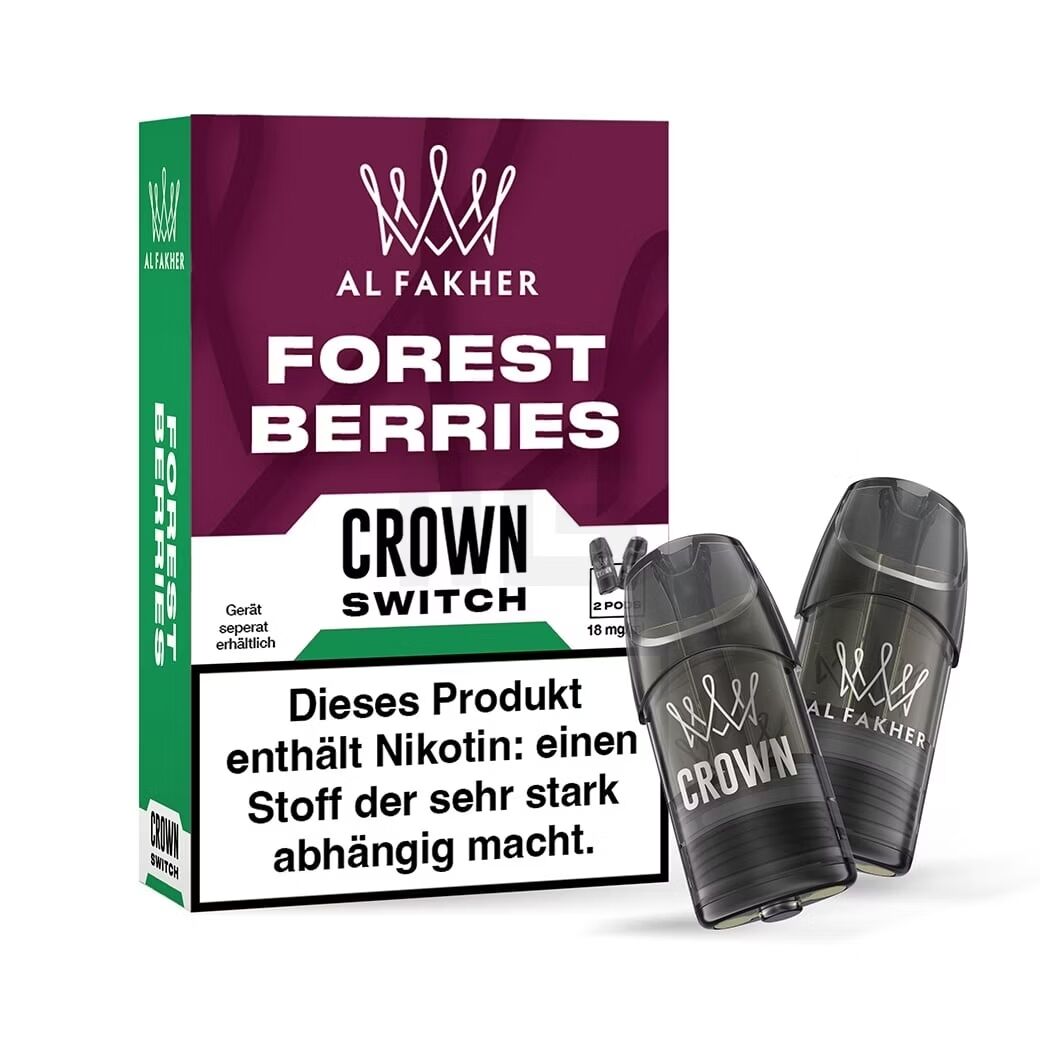 Al Fakher Crown Switch Pods - 18mg Nikotinsalz Al Fakher Crown Switch Pods, Geschmacksrichtung Forest Berries, 18mg Nikotinsalz, zwei graue Pods mit Warnhinweis auf der Verpackung.