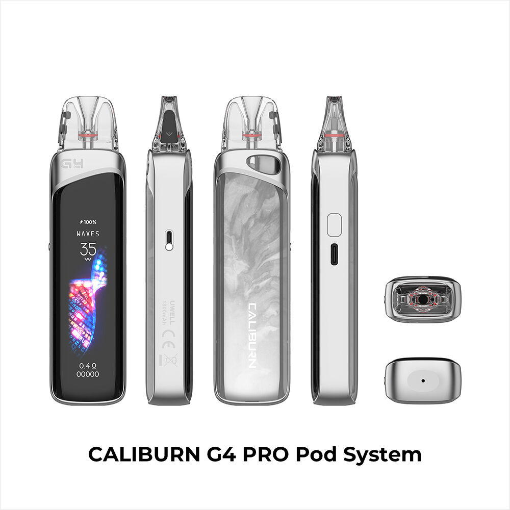 Uwell Caliburn G4 Pro Pod Kit in Pearl Silver, vier Ansichten mit transparentem Mundstück, Silhouette-Display mit Wellenmuster und Ersatzteilen.
