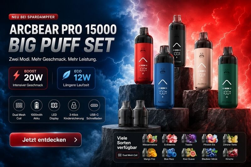 ArcBear Pro 15000 Big Puff Set mit Eco- und Boost-Modus, LED-Display, 1000-mAh-Akku und verschiedenen Geschmacksrichtungen