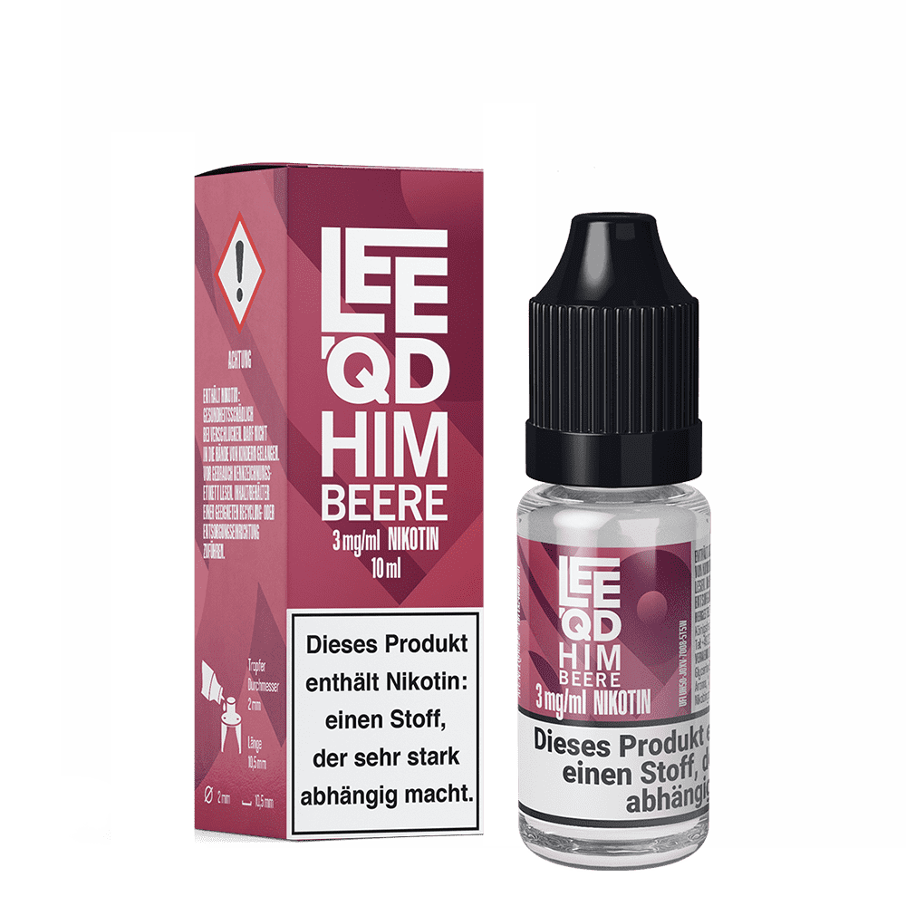 Liquid Fruit Himbeere 3mg - Leeqd Flasche Leeqd Liquid Fruit Himbeere 3mg neben passender Verpackung, Text "Dieses Produkt enthält Nikotin: einen Stoff, der sehr stark abhängig macht" sichtbar.