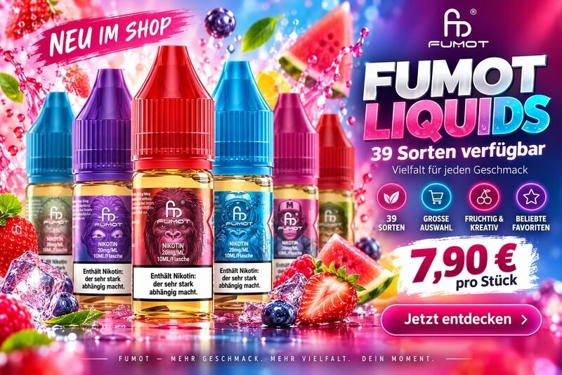 FUMOT Liquids – 10-ml-Flaschen in verschiedenen Sorten FUMOT Liquids in 10-ml-Flaschen mit verschiedenfarbigen Verschlusskappen, umgeben von Früchten und Eiswürfeln auf einem pink-blauen Hintergrund.