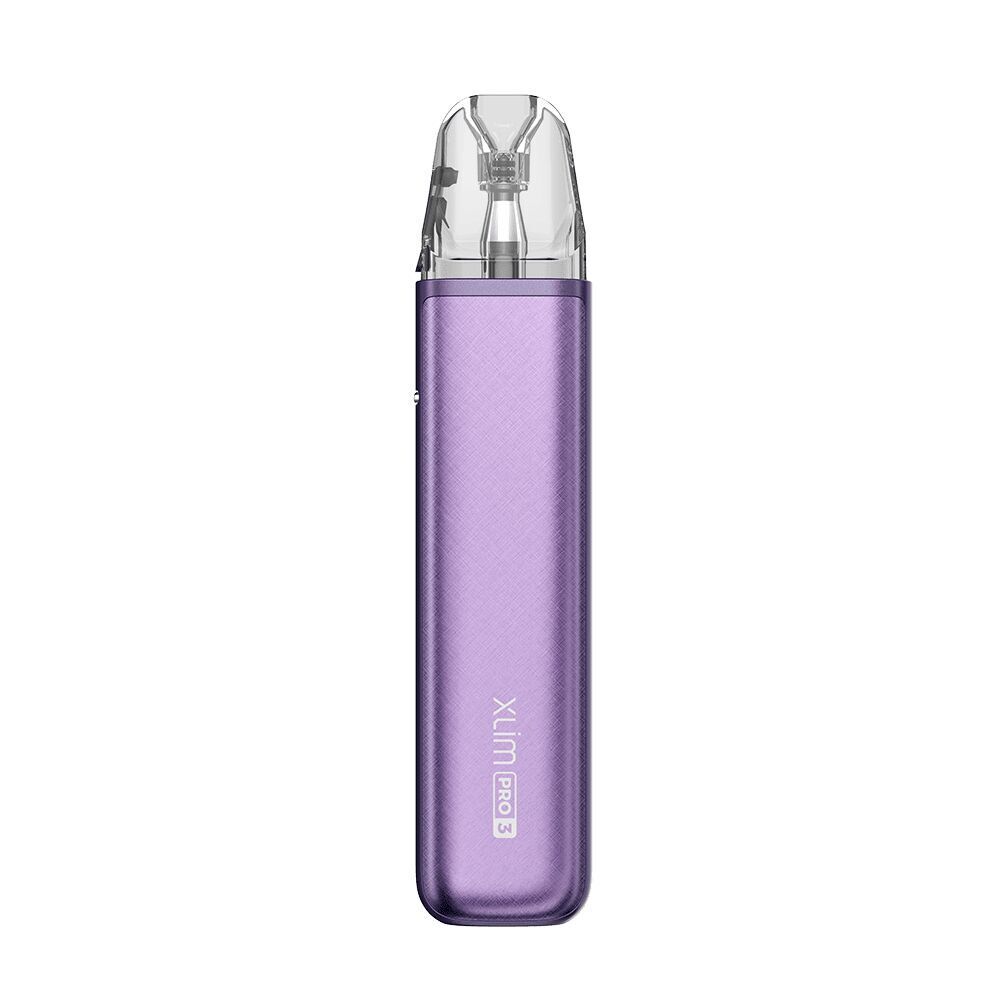 Oxva Xlim Pro 3 Pod Kit - Purple Silk Oxva Xlim Pro 3 Pod Kit in Purple Silk mit durchsichtigem Mundstück und silbernem Schriftzug auf der violetten Hülle