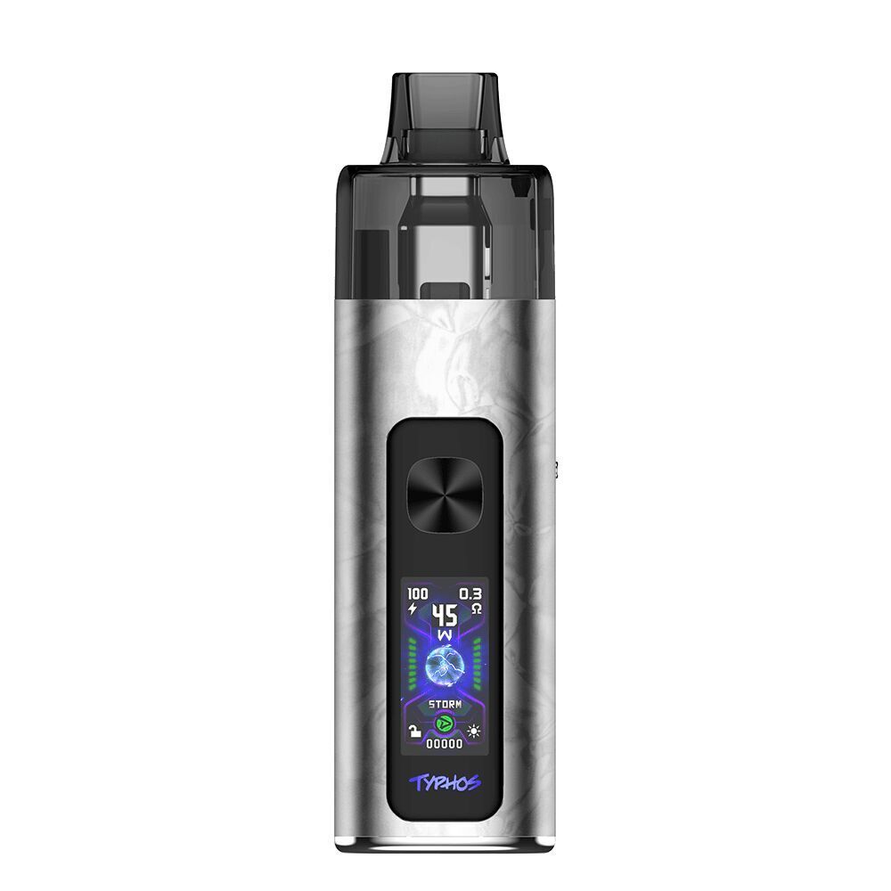 Uwell Typhos Pod Kit - Starlight Silver Uwell Typhos Pod Kit in Starlight Silver mit farbigem Display, das Leistung und Modi anzeigt, sowie einem runden Knopf darunter.