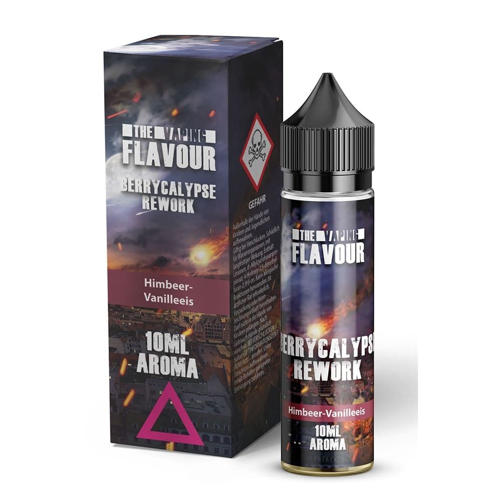 Flasche und Verpackung von The Vaping Flavour Aroma Berrycalypse Rework, Himbeer-Vanilleeis-Geschmack, 10ml, mit Warnsymbol.
