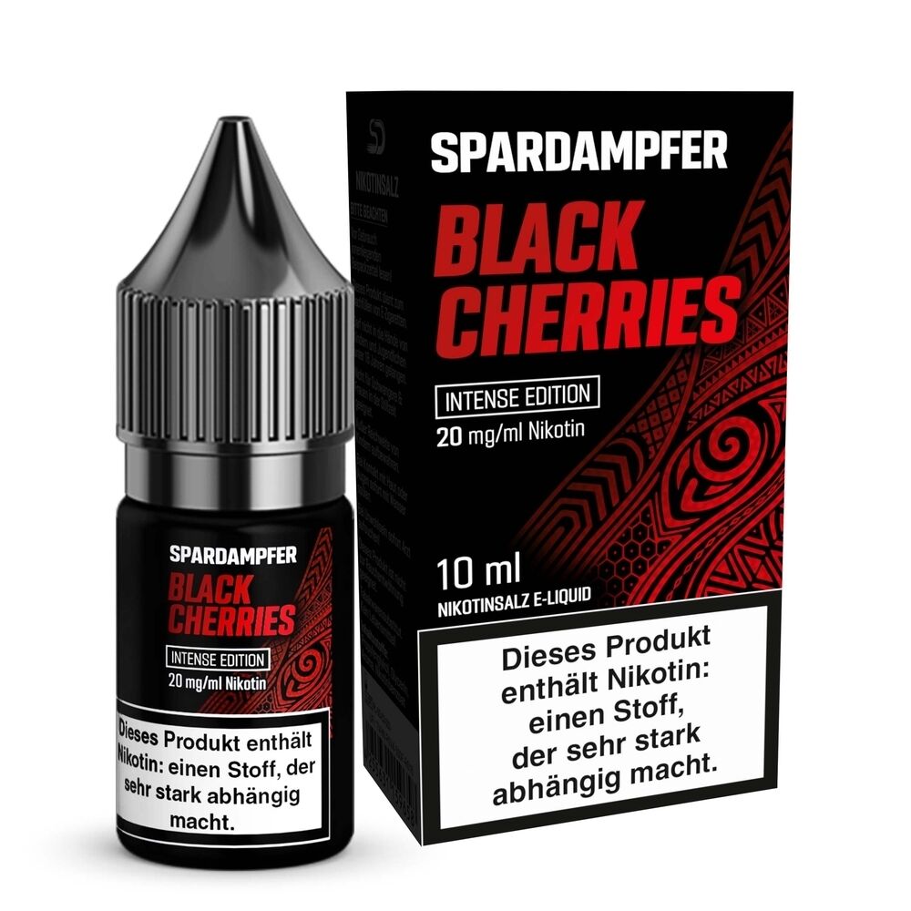 E-Liquid und Verpackung von Spardampfer Black Cherries Intense Edition, 10 ml Nikotinsalz, 20 mg Nikotin, mit schwarzem und rotem Design.