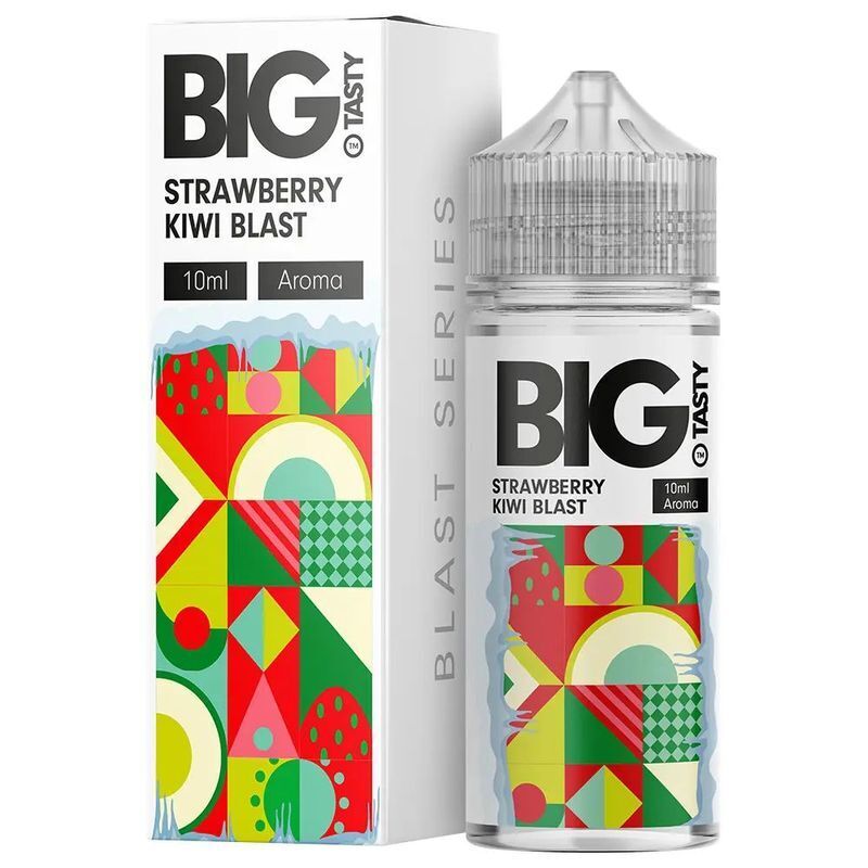 Aroma Strawberry Kiwi Blast von Big Tasty Flasche und Verpackung von Big Tasty Aroma, Strawberry Kiwi Blast, mit buntem geometrischem Muster und gut lesbarer Beschriftung.
