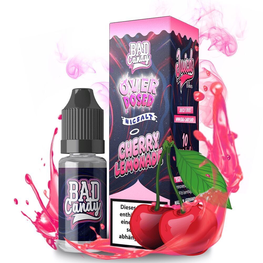 Liquid Cherry Lemonade 20mg - Bad Candy Overdosed Flasche und Verpackung von "Bad Candy Overdosed NicSalt" mit der Aufschrift "Cherry Lemonade" und spritzenden Kirsch- und Zitronengrafiken.
