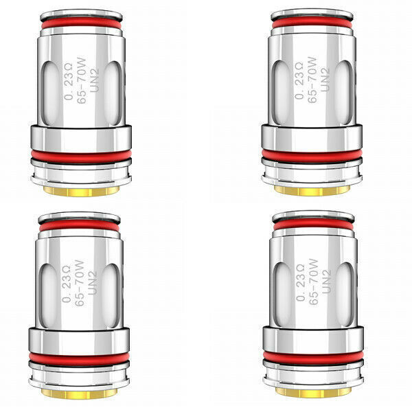 Uwell Crown 5 Verdampferköpfe 0,23 Meshed Vier Uwell Crown 5 Verdampferköpfe 0,23 Meshed mit silbernem Gehäuse und rotem Ring, Beschriftung mit Widerstandswert und Leistungsbereich