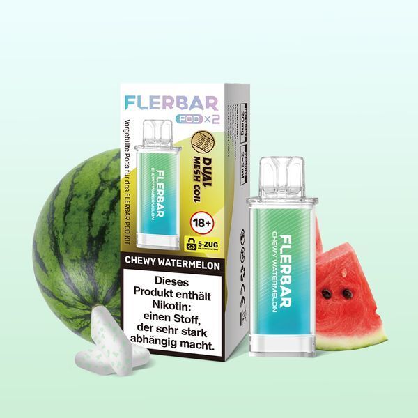 Chewy Watermelon 20mg - Flerbar Pods Flerbar Pods - Chewy Watermelon 20mg, transparente Verpackung, daneben Wassermelone, Kaugummi-Form und Warnhinweis zur Nikotinsucht.