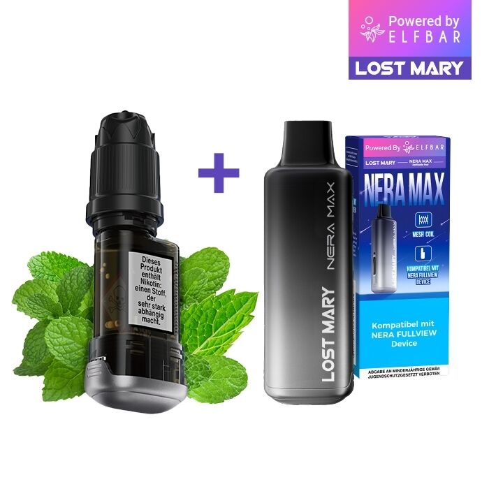 Lost Mary Nera Max 15K Pods - Mint 20mg Lost Mary Nera Max 15K Pods Mint 20mg, schwarze E-Zigarette, Nikotin-Hinweis, Minzblätter im Hintergrund, Verpackung mit blauem Branding.