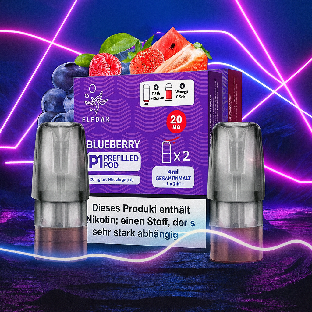 Elfbar Mate 500 P1 Pods - alle Sorten - Mit Nikotin Elfbar Mate 500 P1 Pods mit Beeremotiv, 20mg Nikotinsalz, zwei Pods abgebildet, Produkt enthält Nikotin, Lichtstreifen im Hintergrund