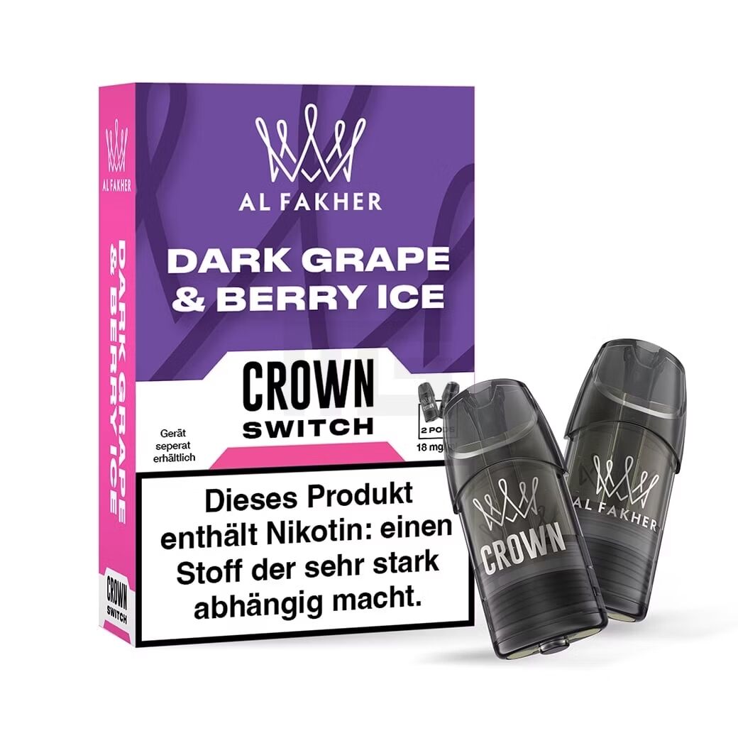 Al Fakher Crown Switch Pods - Dark Grape & Berry Ice 18mg Al Fakher Crown Switch Pods Dark Grape & Berry Ice, zwei schwarze, transparente Pods mit Logo und Nikotinwarnhinweis auf der Verpackung.