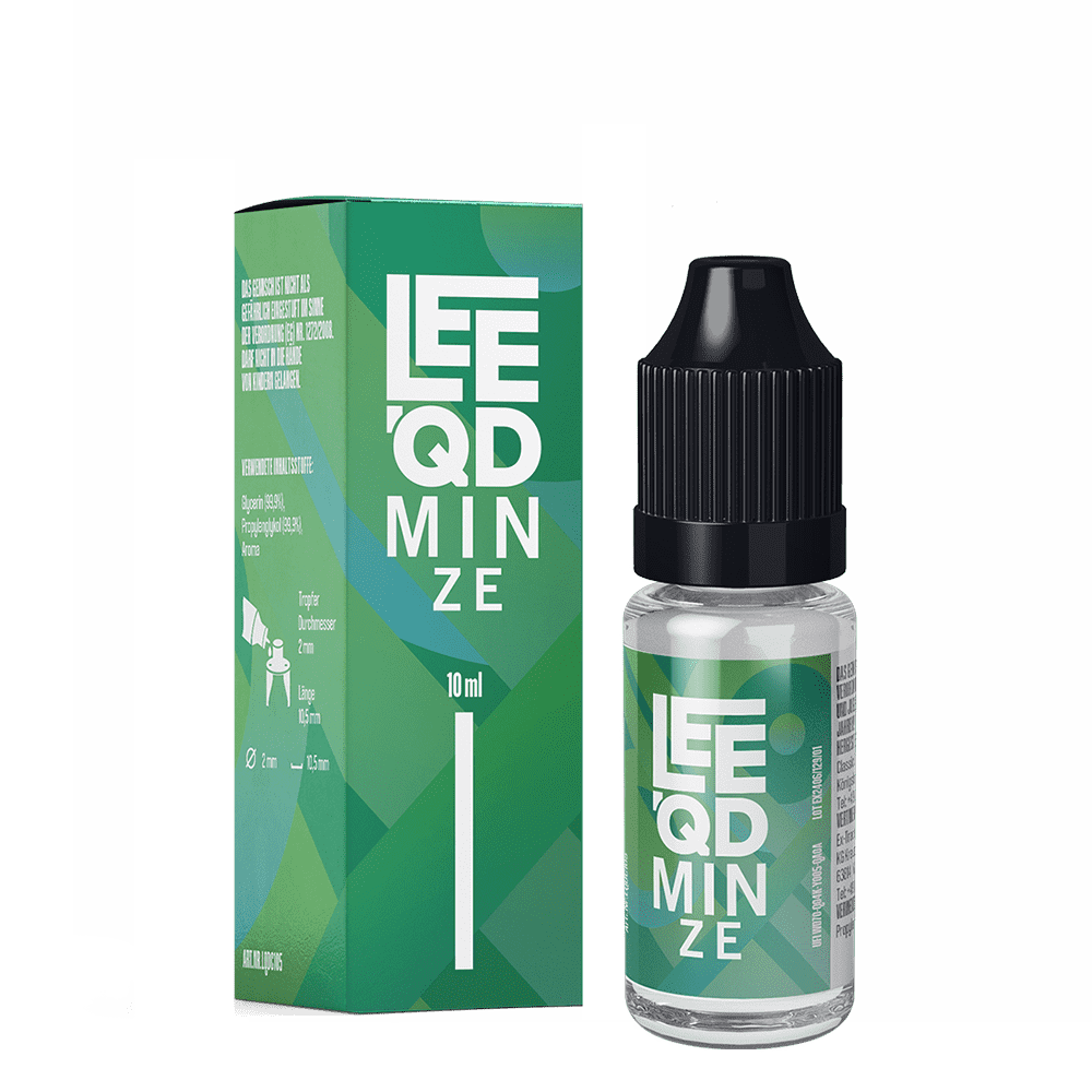 Liquid Fresh Minze 0mg - Leeqd Lee QD Minze 10 ml Liquid Flasche und Verpackung in grünen Farbtönen mit Produktinformationen und Branding sichtbar