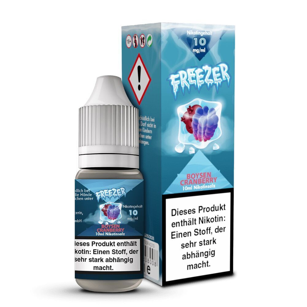 Freezer Nikotinsalz - Boysen Cranberry E-Liquid-Flasche und Verpackung mit der Aufschrift „Freezer Boysen Cranberry“, 10 mg/ml Nikotingehalt, enthält Nikotinwarnung.