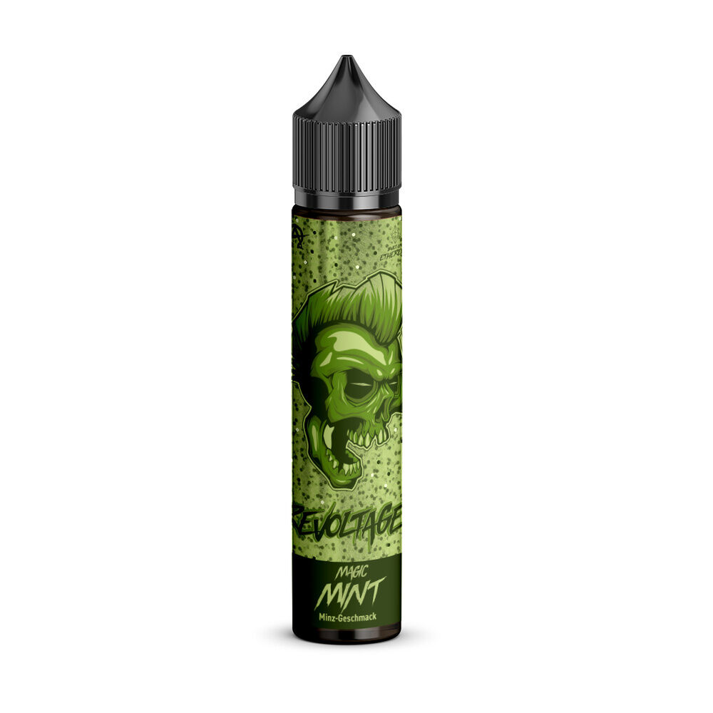 E-Liquid-Flasche mit grünem Totenkopf-Design, Revoltage Magic Mint Aroma sichtbar, schwarzer Deckel, grüner Hintergrund mit Text "Minzgeschmack"