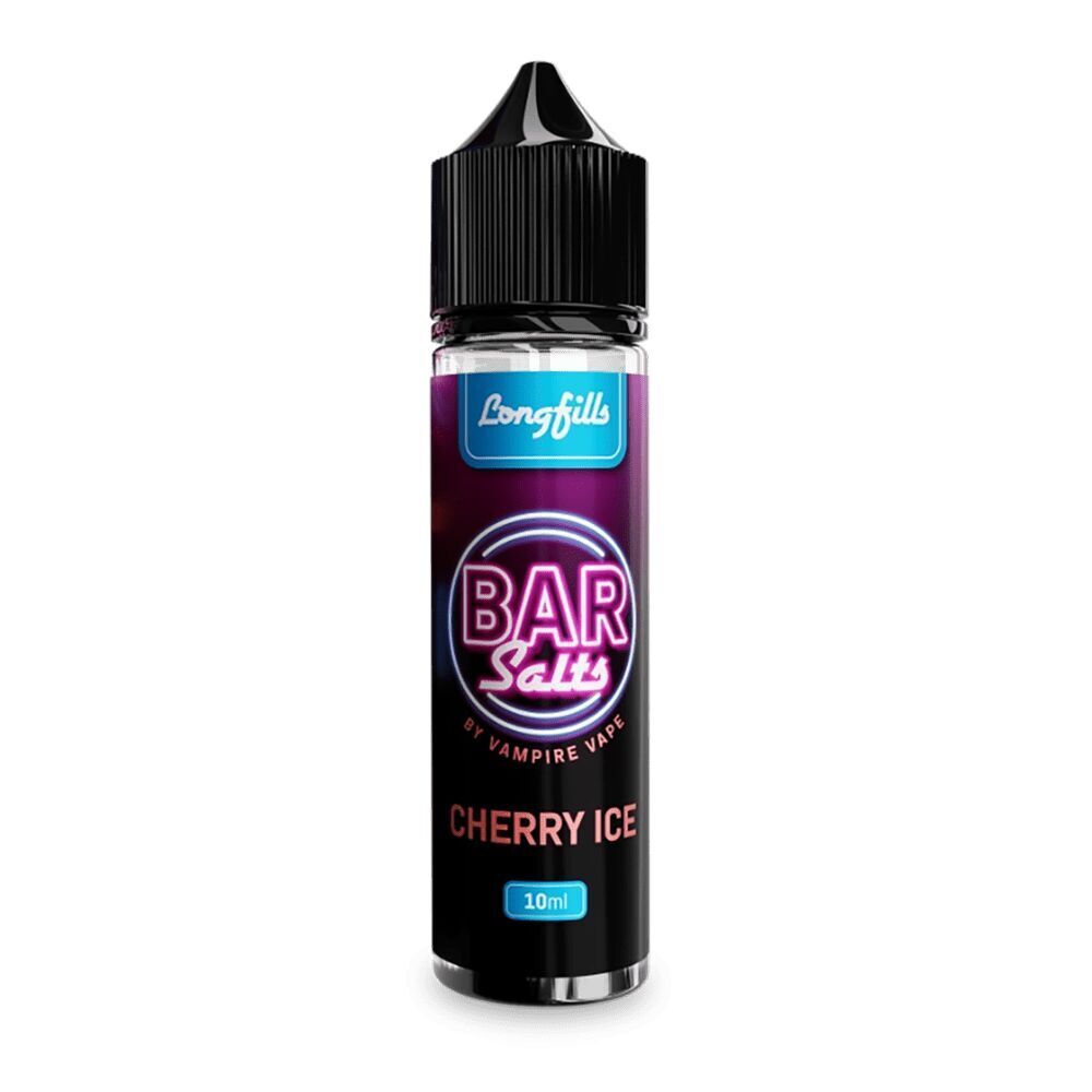 Vampire Vape Bar Salts Cherry Ice Aroma 10 ml Flasche mit schwarzem Verschluss und leuchtendem pinkfarbenem Etikett, 10 ml Inhalt.